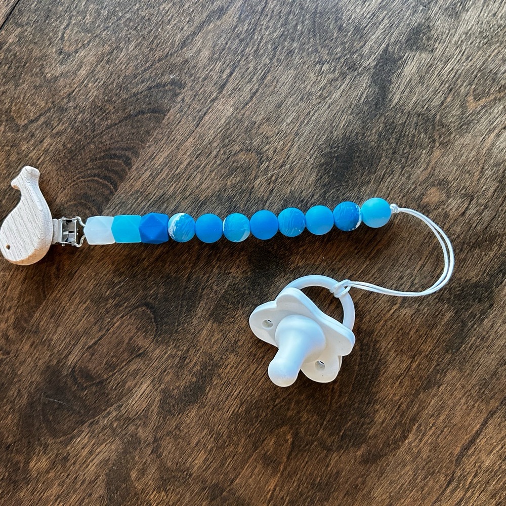 Blue and White Pacifier Clip with Bird Design
